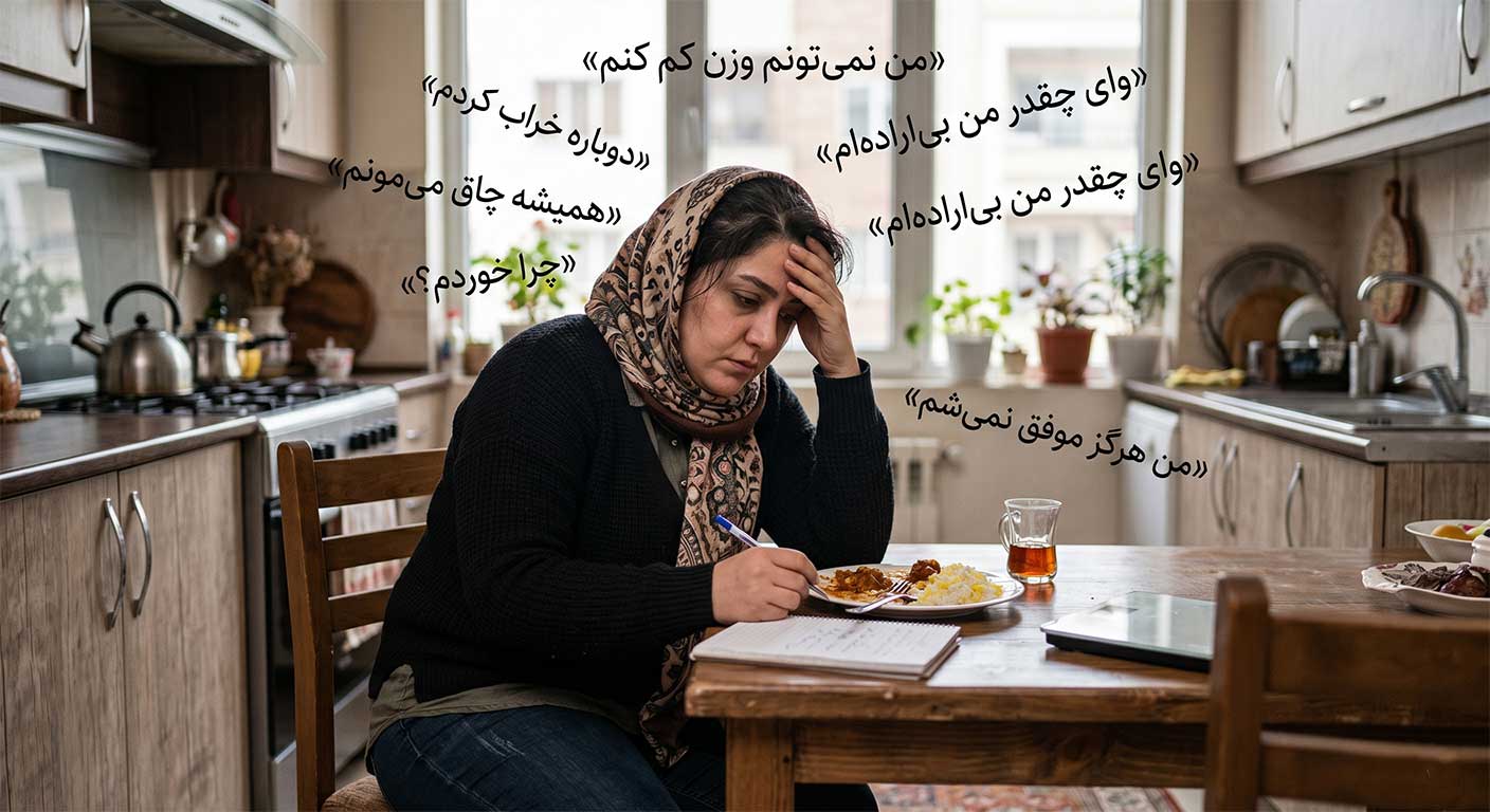 زنی در حال تفکر درباره گفتگوی درونی چاقی و رسیدن به آرامش ذهنی در آشپزخانه.